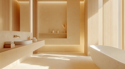 Aufkleber - Lifestyle photo of a spacious minimalist bathroom with a single shelf, light wood vanity, and subtle natural lighting, 4k resolution
