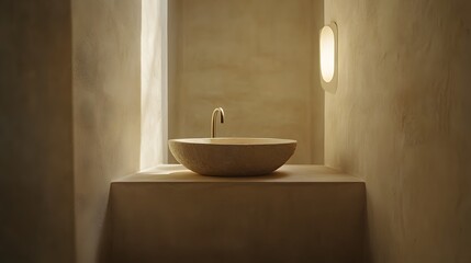 Aufkleber - Portrait photo of a minimalist bathroom with stone sink, single light fixture, and soft neutral colors, creating a tranquil feel, 4k resolution