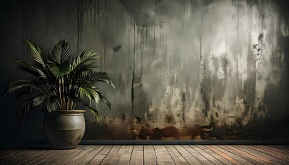 old abandoned room, Grungy background for photography for advertising including a big plant pot