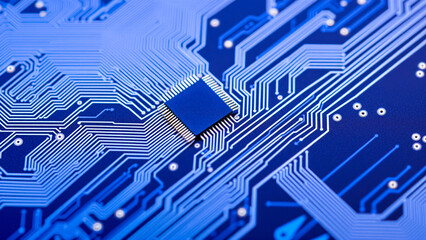 close- a blue circuit board with a square chip