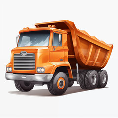 An orange cartoon dump truck ready for work on a construction site during the day