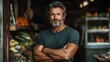 ©  Jovaduplex - An assertive man with arms crossed stands in a fresh market, his presence amidst vibrant produce and fresh greens projecting strength and charisma.