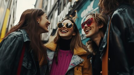 A group of friends shopping together in a trendy urban area, laughing and sharing fashion tips.