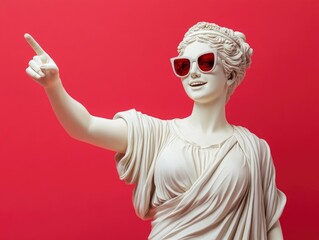 Wall Mural - Greek ancient beauty woman statue laughing, pointing finger, wearing sunglasses