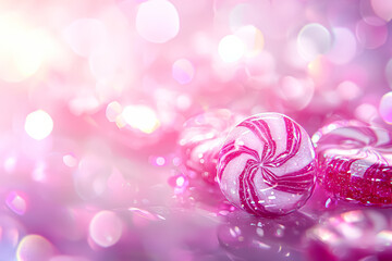 Wall Mural - close up of a pink and white candy with a swirl design. the candy is surrounded by other candies, cr