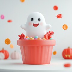 Wall Mural - A cute ghost with candy and pumpkins in the background.