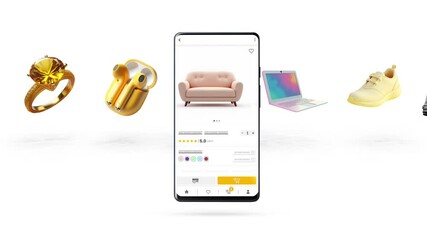 Wall Mural - Shopping, e-commerce, application and sales theme. Technology that passes through the phone and products that are on sale.