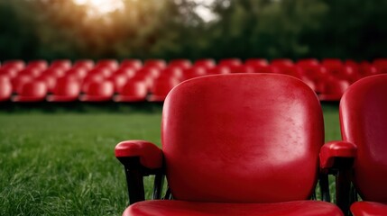 Two red chairs are prominently displayed facing an expansive lush green field as rows of seats bask under the warm hues of a setting sun in the background.