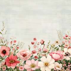 Wall Mural - A delicate border of pastel pink and white flowers on a soft blue background.