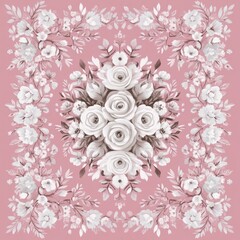 Wall Mural - A delicate floral pattern with white roses and foliage on a pink background.