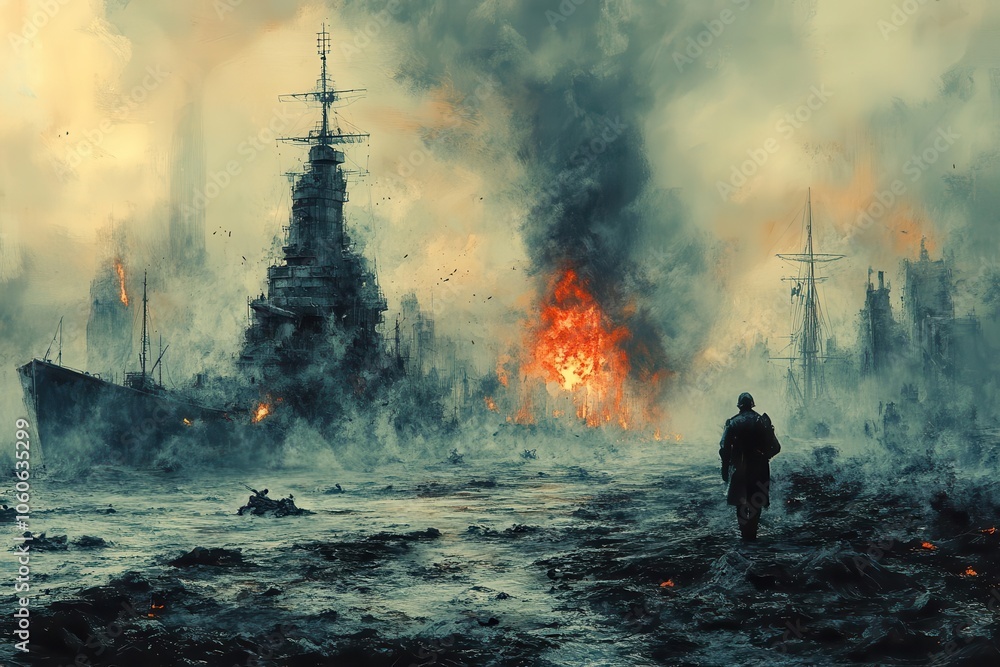 artistic representation of war conveying the chaos and desolation of ...