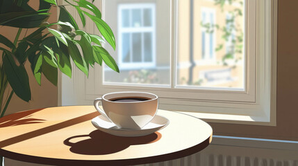 Wall Mural - Illustration of a white cup of coffee on a wooden table in front of a bright window