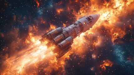 Wall Mural - stellar voyager's ascension: where human innovation pierces the cosmic inferno, a rocket's journey t