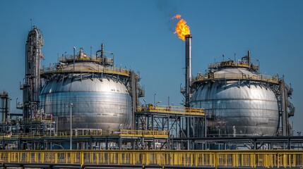 Two large, spherical, metal tanks with a tall, vertical flare stack burning brightly against a clear blue sky.