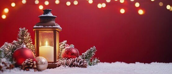 Christmas background with a lantern, snow, and decorations on the table, with a snowy scene, leaving space for text, Generative Ai 