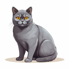 A charming cartoon cat with striking orange eyes sitting on a simple background