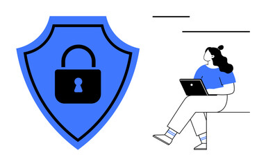 Large blue shield with black lock symbolizing security next to woman using laptop. Ideal for cybersecurity, online safety, data protection, internet security, privacy, digital security, information