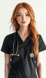 © Tadeusz - Portrait of a confident young Caucasian female nurse in a black uniform with a stethoscope.