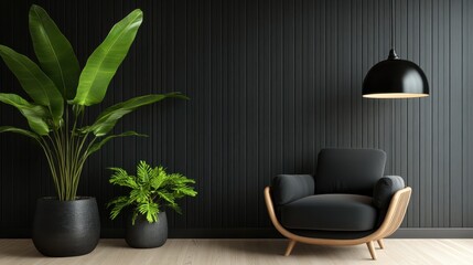 Minimalist black chair accompanied by elegant green plants within a dark interior, illustrating modern sophistication and serene aesthetics for cozy environments.