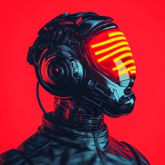 A futuristic robot with a glowing visor, set against a red background.