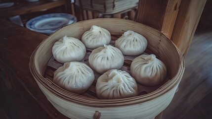 Array of dim sum delicacies in bamboo baskets, with steamed dumplings, buns, and spicy dipping sauces