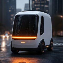 A futuristic white autonomous delivery van driving on a city street.