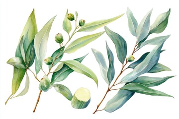 Hand-drawn Watercolor Eucalyptus Essential Oil Set on White Background