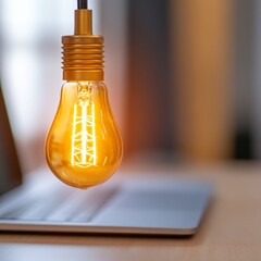 A glowing light bulb hangs above a laptop, symbolizing innovation and inspiration.