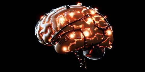 Poster - Illuminated Metallic Brain with Glowing Connections