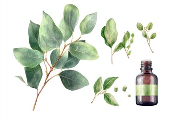 Watercolor Eucalyptus Essential Oil Set with Hand-drawn Illustration of Branch and Leaves on White Background