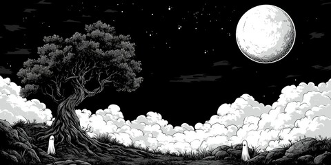 Two Ghosts Standing Near a Tree and Large Moon in a Night Sky