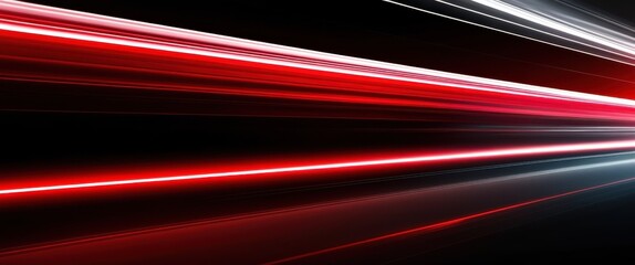 Abstract, horizontal red light streaks, black background, motion blur, neon glow, futuristic, dynamic, high contrast, minimalist, sleek design, speed effect, digital art, sci-fi aesthetic, energy line