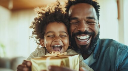 A joyful father and child share a heartwarming moment, smiling and holding a beautifully wrapped gift box, capturing the essence of happiness and family bonding.