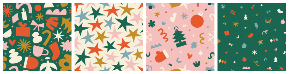 Merry Christmas abstract shape decoration seamless pattern set. Retro style winter holiday ornament cartoon texture. Xmas celebration event wallpaper, festive print collection.