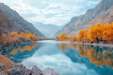 Poster - Serene Mountain River Reflecting Autumn Colors