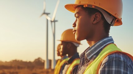 Two workers in hard hats survey a wind farm at sunset, symbolizing commitment to renewable energy and sustainability.