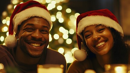 Wall Mural - An African American man and an African woman wearing Santa hats are smiling at the dinner table with a Christmas tree in the background