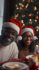 Wall Mural - An African American man and an African woman wearing Santa hats are smiling at the dinner table with a Christmas tree in the background