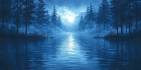 Wall Mural - A Mystical Forest Lake Under a Foggy Moonlit Sky