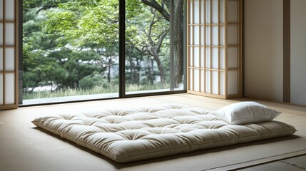 Wall Mural - Minimalist japanese futon in serene zen-inspired room with natural light