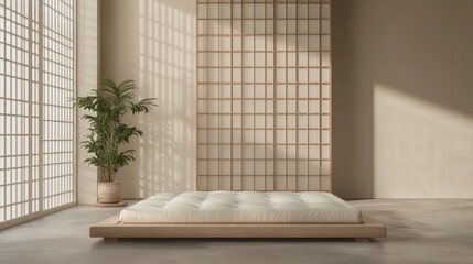 Wall Mural - Minimalist zen bedroom with futon and indoor plant in natural light