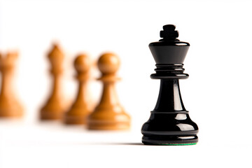 Explore the intense focus of the black king in a chess game symbolizing strategy and competition against lighter pieces.