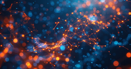 Wall Mural - abstract background with a network of bright connections and nodes in a dark blue and orange color.