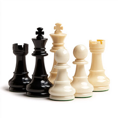 A set of intricately designed black and white chess pieces stands ready for a strategic match showcasing the beauty and complexity of this classic board game.