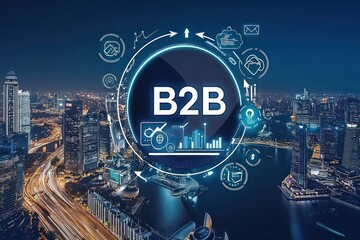 Poster - B2B Business Concept with Cityscape and Digital Icons