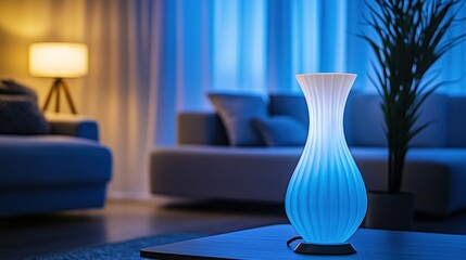 Sticker - A stylish lamp emits a soft blue glow in a cozy living room setting.