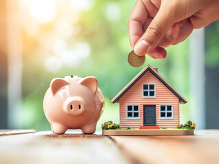 Piggy bank, coins, and money bags with house model and woman holding key, symbolizing financial goals.