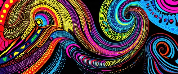 Vibrant fractal patterns, Psychedelic swirls, Intricate colorful designs, Spiraling shapes, Abstract digital art, Kaleidoscopic imagery, Neon colors, Fluid organic forms, Hypnotic curves, Geometric pa