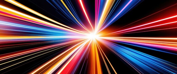 Vibrant light rays, colorful energy beams, radial burst, abstract cosmic explosion, neon colors, dynamic motion blur, star-like center point, black background, symmetrical composition, high contrast, 