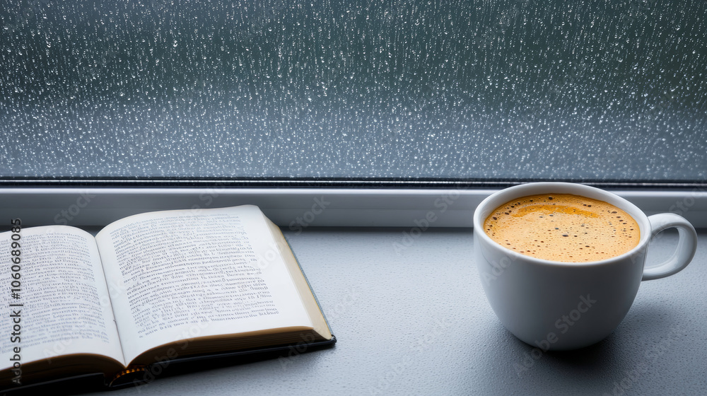 cozy scene featuring open book beside steaming cup of coffee on rainy ...